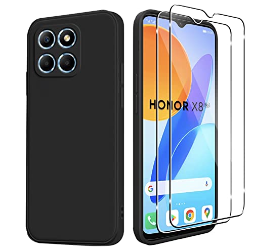 Holilo Hülle + 2 Stück Schutzfolie für Panzerglas für Honor X8 5G / Honor X6/Honor 70 Lite, Silikon Handyhülle Anti-Kratzer Dünn Schutzhülle 9H Härte Glas Displayschutzfolie Rundumschutz - Schwarz von Holilo