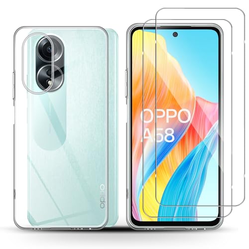 Holilo Hülle +2 Stück Panzerglas Schutzfolie für Oppo A58 4G, TPU Handyhülle Anti-Kratzer Dünn Schutzhülle 9H Härte Glas Displayschutzfolie Rundumschutz von Holilo