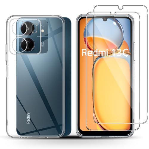 Holilo Hülle +2 Stück Panzerglas Schutzfolie für Xiaomi Redmi 13 C 4G/Poco C65/Redmi 13C 4G, TPU Handyhülle Anti-Kratzer Dünn Schutzhülle 9H Härte Glas Displayschutzfolie Rundumschutz von Holilo