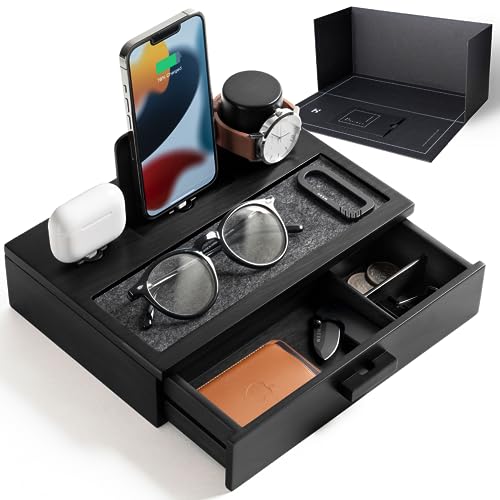 Nachttisch-Organizer für Männer – Telefon-Dockingstation aus Holz zum Aufladen Ihres Telefons und Ihrer Ohrhörer – Ladestation aus Holz mit gefüttertem Tablett und Schublade von Holme & Hadfield