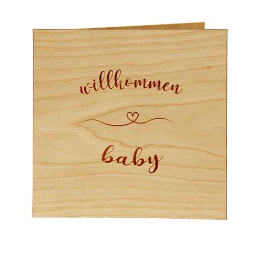 Original Holzgrußkarte - Glückwunschkarte Baby Geburt, Motiv "Willkommen Baby" - 100% Made in Austria, Kirschholz - geeignet als Karte zur Geburt, Geschenk, Grußkarte, Babykarte uvm. von Holzgrusskarten.at