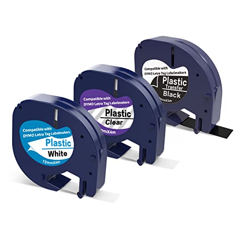 3 x Plastic Schriftband als Ersatz für Dymo letraTag 12mm Schwarz auf Weiß/Klar Weiß auf Schwarz Etikettenband Selbstklebendes Etiketten Arbeiten für Dymo Letratag LT-110T 100H QX 50 XR XM 2000 von Home Colortly