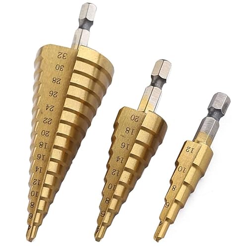 3x HSS Stufenbohrer Set 4–32mm Titanbeschichtet – Kegelsenker für Metall, Kunststoff, Holz – 6mm Sechskantschaft, 2mm Schritte, gut lesbare Skala 3x HSS Stufenbohrer Set 4–32mm Titanbeschichtet – Kegelsenker für Metall, Kunststoff, Holz – 6mm Sechskantschaft, 2mm Schritte, gut lesbare Skala von Home Markt24
