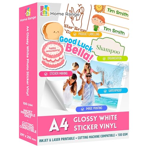 Home Range 10 Blatt A4 Glänzendes weißes Vinyl-Aufkleberpapier, selbstklebend, mit Tintenstrahldrucker bedruckbar & wasserfest für Etiketten, Abziehbilder & Beschilderung, ideal für Zuhause, Büro Home Range 10 Blatt A4 Glänzendes weißes Vinyl-Aufkleberpapier, selbstklebend, mit Tintenstrahldrucker bedruckbar & wasserfest für Etiketten, Abziehbilder & Beschilderung, ideal für Zuhause, Büro von Home Range
