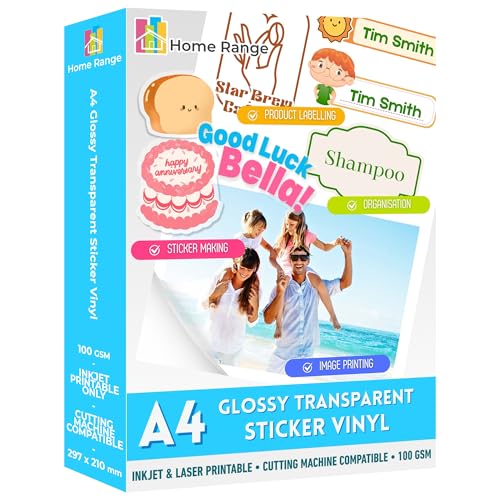 Home Range 100 Blatt A4 glänzendes Vinyl-Klebepapier, transparent, selbstklebend, mit Tintenstrahldrucker bedruckbar, individuelle DIY-Etiketten für Handwerk, Verpackung, Produktanhänger und Home Range 100 Blatt A4 glänzendes Vinyl-Klebepapier, transparent, selbstklebend, mit Tintenstrahldrucker bedruckbar, individuelle DIY-Etiketten für Handwerk, Verpackung, Produktanhänger und von Home Range