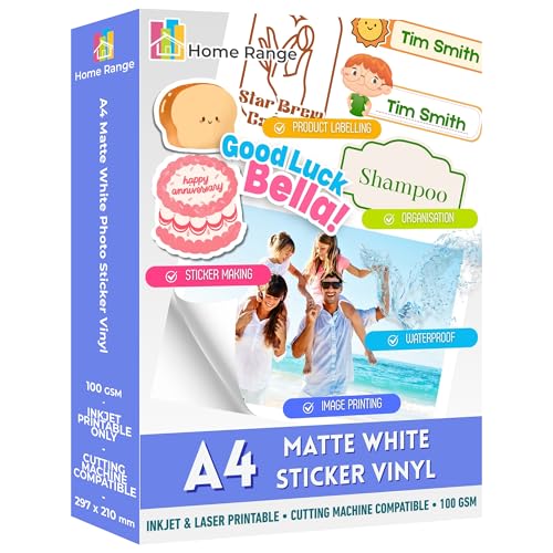 Home Range 100 Blatt A4 mattweißes bedruckbares Vinyl-Aufkleberpapier – wasserfestes, selbstklebendes Vinyl für Tintenstrahl- und Laserdrucker – selbstklebende Rückseite für individuelle Etiketten Home Range 100 Blatt A4 mattweißes bedruckbares Vinyl-Aufkleberpapier – wasserfestes, selbstklebendes Vinyl für Tintenstrahl- und Laserdrucker – selbstklebende Rückseite für individuelle Etiketten von Home Range