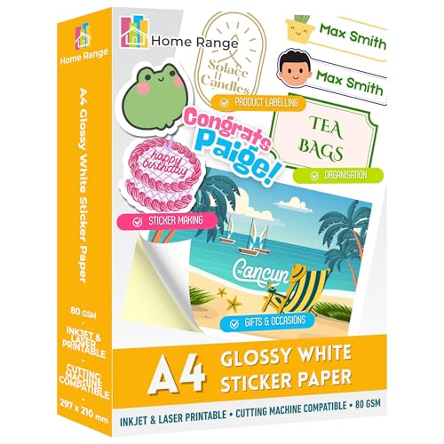 Home Range 200 Blatt A4 glänzendes selbstklebendes Aufkleberpapier, weiß, bedruckbar, A4, selbstklebende Rückseite, kompatibel mit Tintenstrahl- und Laserdruckern für Zuhause, Büro und Bastelprojekte Home Range 200 Blatt A4 glänzendes selbstklebendes Aufkleberpapier, weiß, bedruckbar, A4, selbstklebende Rückseite, kompatibel mit Tintenstrahl- und Laserdruckern für Zuhause, Büro und Bastelprojekte von Home Range