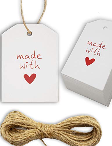 HOMETOOLS 100 Kraftpapier Geschenk-Anhänger, Made with Love, 5,5 x 4cm, 10m Juteschnur, weiß von HomeTools.eu