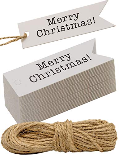 HOMETOOLS 100 Kraftpapier Geschenk-Anhänger, mit 10m Jute-Schnur, Merry Christmas - weiß von HomeTools.eu