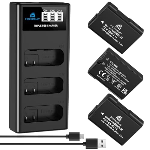 Homesuit EN-EL14 EN-EL14a Akku 1400mAh und DREI Schlitze LCD Ladegerät Kit für Nikon D3500 D3400 D3300 D3200 D3100 D5100 D5200 D5300 D5500 D5600 Coolpix P7000 P7100 P7700 P7800 Kameras (3er-Pack) von Homesuit