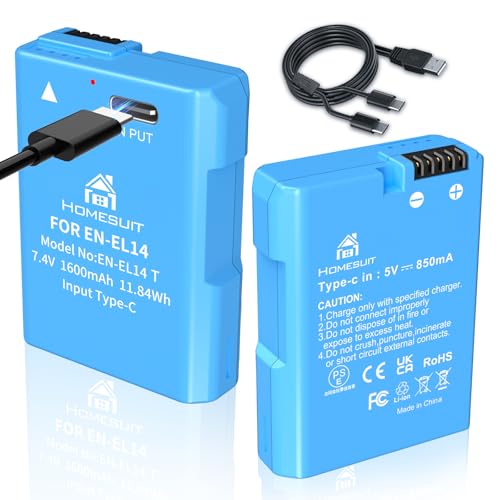 Homesuit EN-EL14 EN-EL14a Akku 1600mAh und 2-in-1 Typ-C Direktladekabel für Nikon D5600 D3300 D3500 D5100 D5500 D3100 D3200 D5200 D5300 Coolpix P7000 P7100 P7200 P7700 P7800 Kamera (2er-Pack) von Homesuit