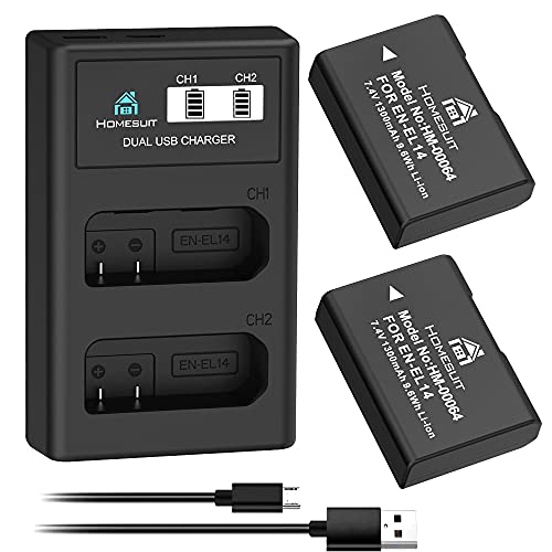 Homesuit EN-EL14 EN-EL14a Akku 1300mAh und LCD Dual Ladegerätsatz für Nikon D5600 D3300 D3500 D5100 D5500 D3100 D3200 D5200 D5300 Coolpix P7000 P7100 P7200 P7700 P7800 Kamera (2er-Pack) von Homesuit