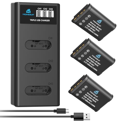 Homesuit NP-BX1 Ersatz Akku 1600mAh und DREI Schlitze LCD Ladegerät Kit für Sony NP-BX1/M8 Cyber-Shot DSC-RX100(II/III/IV/V/VA/VI/VII), RX1, HX50, HX90, WX350, RX1R, M7/6/5, HDR-AS15 Kamera (3 Pack) von Homesuit