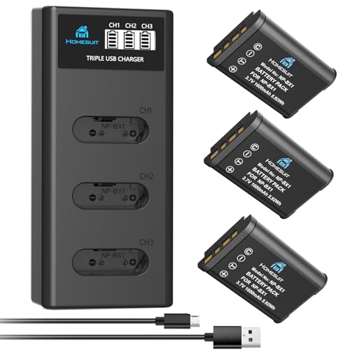 Homesuit NP-BX1 Akku 1600mAh und DREI Schlitze LCD Ladegerät Kit für Sony NP-BX1/M8 Cyber-Shot DSC-RX100(II/III/IV/V/VA/VI/VII), RX1, HX50V, HX90, WX350, RX1R, M7/6/5, HDR-AS15 Kamera (3er-Pack) von Homesuit