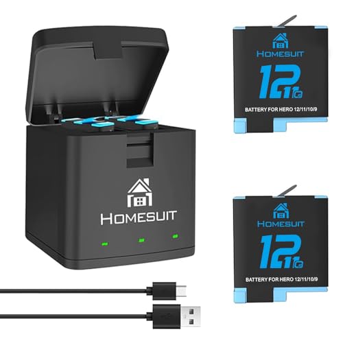 Homesuit Hero 12/11/10/9 Akku (2×1800mAh) und 3-Kanal LED USB Hero 12/11/10/9 Ladegerät für Gopro Hero 12/11/10/9, Hero 12/11/10/9 Black (Voll Kompatibel mit Original) von Homesuit