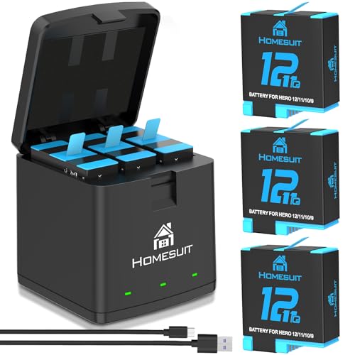 Homesuit Hero 12/11/10/9 Akku 1800mAh und 3-Kanal LED USB Ladegerät für Gopro (3er-Pack) von Homesuit