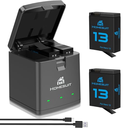 Homesuit Hero 13 Akku 2100mAh und LED 3-Kanal USB Speicherladegerät für GoPro Hero 13 Black Enduro Wiederaufladbarer Akku mit Typ-C (2er-Pack) von Homesuit