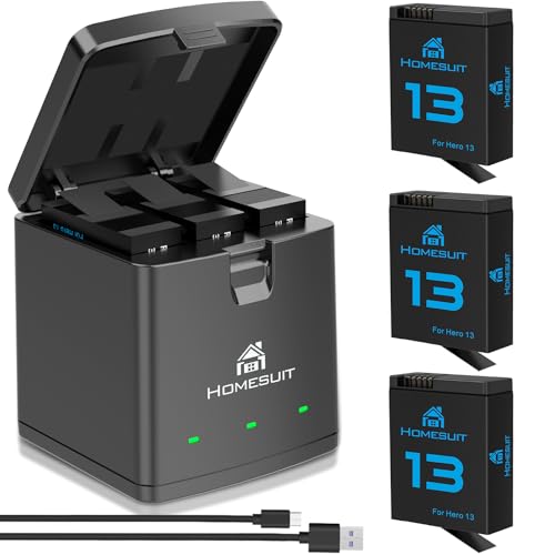 Homesuit Hero 13 Akku 2100mAh und LED 3-Kanal USB Speicherladegerät für GoPro Hero 13 Black Enduro Wiederaufladbarer Akku mit Typ-C (3er-Pack) von Homesuit