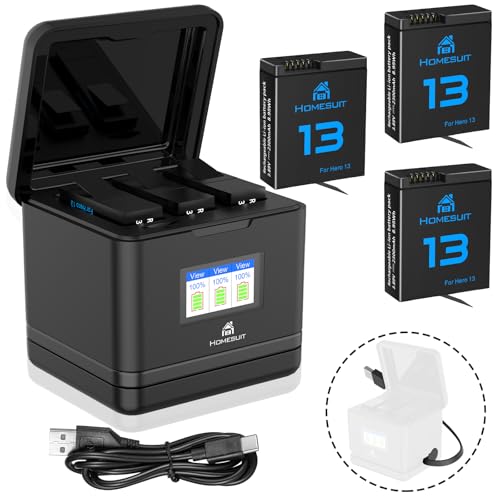 Homesuit Hero 13 Akku 2300mAh und LCD 3-Kanal USB Speicherladegerät für GoPro Hero 13 Black Enduro Wiederaufladbarer Akku mit Typ-C (3er-Pack) von Homesuit