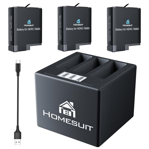Homesuit Hero 7 Akku 1500mAh und 3-Kanal LCD USB Ladegerät für Gopro Hero 7 6 5 2018 Black (3er-Pack) von Homesuit