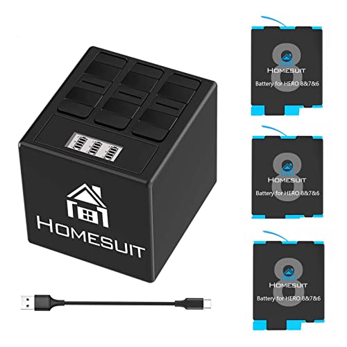 Homesuit Hero 8 Akku (3 Pack) und 3 Kanal LCD USB Ladegerät für Gopro Hero 8 Black, Hero 7 Black, Hero 6 Black, Hero 5 Black mit Typ-C USB Kabel (1500mAh) von Homesuit