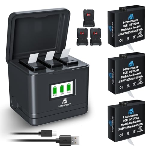 Homesuit 360 Ace Pro Akku 1800mAh und DREI Schlitze LCD Ladegerät Kit für Insta360 Ace Pro / Insta360 Ace Kamera Inklusive Batteriebox mit SD-Kartenspeicher (3er-Pack) von Homesuit