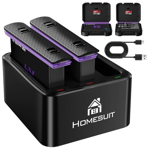 Homesuit 360 X4 Akku 2500mAh und 3-Kanal USB Ladegerät Kompatibel mit Insta360 X4 Action Kamera Zubehör mit Misro SD Kartensteckplätzen (2er-Pack) von Homesuit