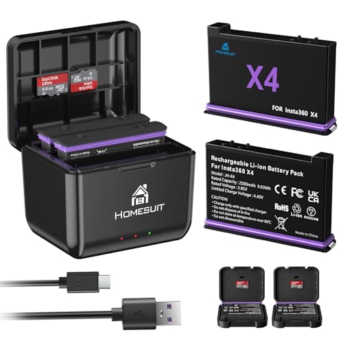 Homesuit 360 X4 Akku 2500mAh und Schnelles 3-Kanal USB Ladegerät, Kompatibel mit Insta360 X4 Action Kamera Zubehör mit Misro SD Kartensteckplätzen (2er-Pack) von Homesuit