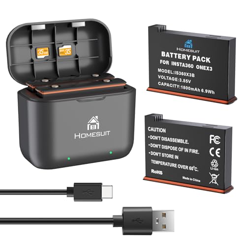 Homesuit 360 X3 Akku 1800mAh und USB LED Ladegerät Bausatz mit Speicherkartensteckplatz Kompatibel mit Insta360 X3 Kamera Bis zu 80min Zusätzliche Aufnahmezeit (2er-Pack) von Homesuit