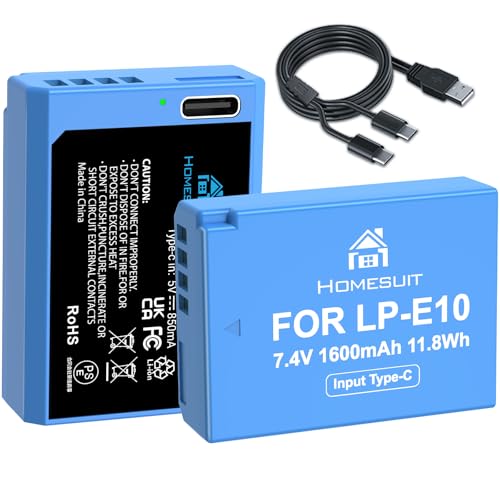 Homesuit LP-E10 Akku 1600mAh und 2-in-1 USB-C Ladekabel für Canon EOS Rebel T3/T5/T6/T7/T100, Kiss X50/X70/X80/X90, EOS 1100D/1200D/1300D/1500D/2000D/3000D/4000D Digitale SLR-Kameras (2er-Pack) von Homesuit