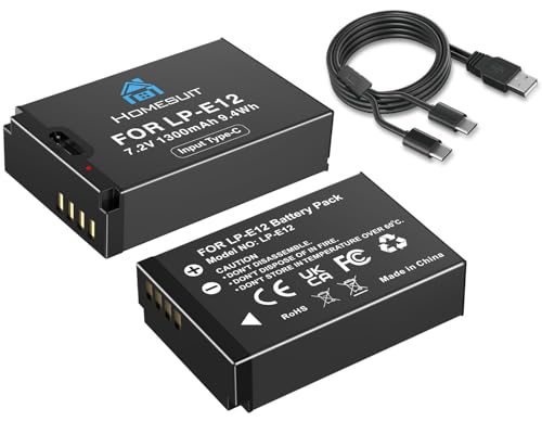Homesuit LP-E12 Akku 1300mAh und 2-in-1 USB-C Ladekabel für Canon EOS M50, M50 Mark II, M, M2, M10, M100, M200, Rebel SL1, PowerShot SX70 HS Kameras (2er-Pack) von Homesuit