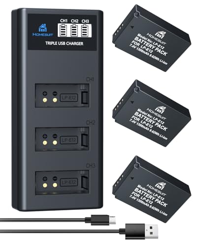 Homesuit LP-E12 Akku 1300mAh und 3-Slot LCD Ladegerät für Canon EOS M50, M50 Mark II, M, M2, M10, M100, M200, Rebel SL1, PowerShot SX70 HS Digitalkameras (3er-Pack) von Homesuit