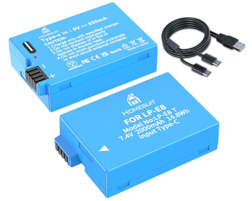 Homesuit LP-E8 Akku 1500mAh und 2-in-1 USB-C-Ladekabel für Canon EOS Rebel T2i, T3i, T4i, T5i, EOS 550D, 600D, 650D, 700D, Kiss X4, X5, X6, LC-E8E Kamera (2er-Pack) von Homesuit