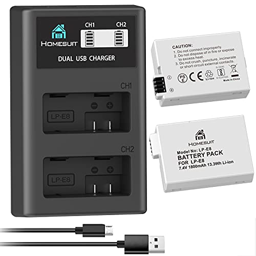 Homesuit LP-E8 Akku 1800mAh und USB LCD Dual Ladegerät Kit für Canon EOS Rebel T2i, T3i, T4i, T5i, EOS 550D, 600D, 650D, 700D, Kiss X4, X5, X6, LC-E8E Kamera (2er-Pack) von Homesuit
