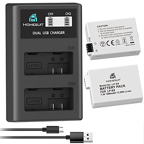 Homesuit LP-E8 Akku und USB LCD Dual Ladegerät Kit für Canon EOS Rebel T2i, T3i, T4i, T5i, EOS 550D, 600D, 650D, 700D, Kiss X4, X5, X6, LC-E8E-Kamera (2er-Pack, 1800mAh) von Homesuit