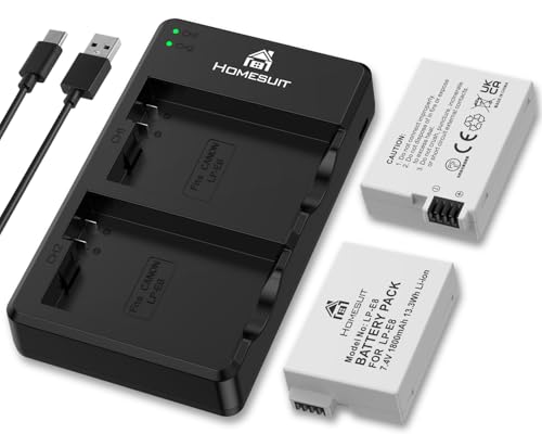 Homesuit LP-E8 Akku 1800mAh und LED USB Dual Ladegerät für Canon EOS Rebel T2i T3i T4i T5i EOS 550D 600D 650D 700D Kiss X4 X5 X6 X6i X7i Kamera (2er-Pack) von Homesuit