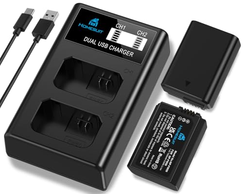 Homesuit NP-FW50 Akku 1300mAh und USB LCD Ladegerät Kit für Sony ZV-E10 A6000 A6300 A6400 A6500 A5100 A5000 A7 A72 A7R A7R2 A7S2 7RM2 7SM2 7M2 A55 RX10 II III IV NEX-3/5/6/7 NEX-F3 Kamera (2er-Pack) von Homesuit