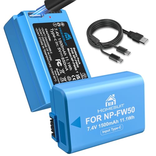 Homesuit NP-FW50 Akku 1500mAh und 2-in-1 USB-C Ladekabel für Sony A6500 A6400 A6300 A6000 A5000 A5100 zv-e10 A7 A7II A7R A7RII A7SII A7S A7R A7R2 A55 RX10 RX10II NEX-3/5/7 Kamera(2er-Pack) von Homesuit