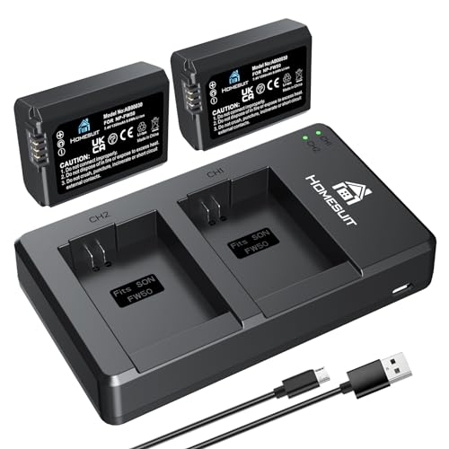 Homesuit NP-FW50 Akku und USB Dual Ladegerät Kit für Sony ZV-E10, A6000-Akkus, A6500, A6300, A7II, A7RII, A7SII, A7S2, A7R, A7R2, A55, A5100, RX10 Zubehör (2er-Pack, Micro USB Input, 1300mAh) von Homesuit