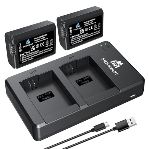 Homesuit NP-FW50 Akku 1300mAh und USB LED Dual Ladegerät Kit für Sony ZV-E10 A6000 A6300 A6400 A6500 A5100 A5000 A7 A7II A7R A7RII A7SII A55 RX10 II III IV Kamera (2er-Pack) von Homesuit