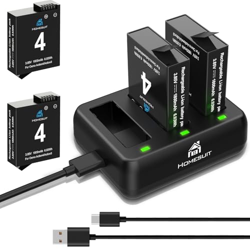 Homesuit Osmo Action 4 3 Akku 1800mAh und DREI Schlitze LED Ladegerät Kit für DJI Osmo Action 4 / DJI Osmo Action 3 Kamera (2er-Pack) von Homesuit