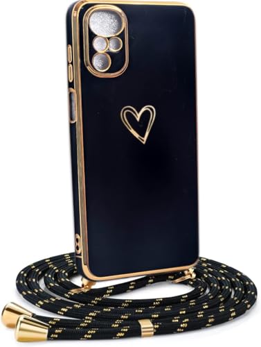 HomiTunky Handykette Hülle kompatibel mit Motorola Moto G22 / E32 / E32s mit Band -Ultra dünn Kameraschutz Herz Love Design Galvanik TPU Silikon Schutzhülle Kordel zum Umhängen,Schwarz von HomiTunky