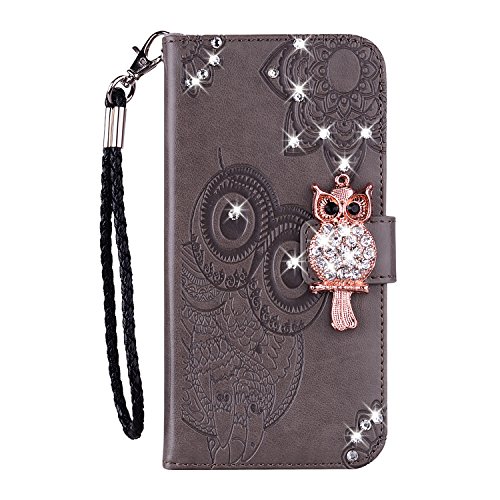 Homikon PU Leder Hülle 3D Eule Glänzend Glitzer Strass Diamant Schutzhülle BriefTasche Schale Lederhülle Bookstyle Handyhülle Flip Wallet Case Tasche Kompatibel mit Samsung Galaxy A51 - Grau von Homikon