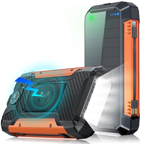 49800mAh Power Bank Solar Ladegerät mit 2 Kabeln,Wireless tragbares Ladegerät PD 30W Schnellladung Externer Akku Ladegerät 3 Ausgänge 2 Eingänge mit Taschenlampe für Handy Tablets (orange) von Honestself