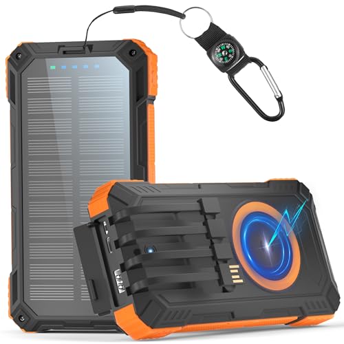 Power Bank 56800mAh:30W Solar Powerbank USB C Wireless Charging Externer Akku Ladegerät mit 4 Kabeln Schnellladung 6 Ausgänge 3 Eingänge,Powerbank Solar Outdoor mit Camping LED Lampe (orange) von Honestself