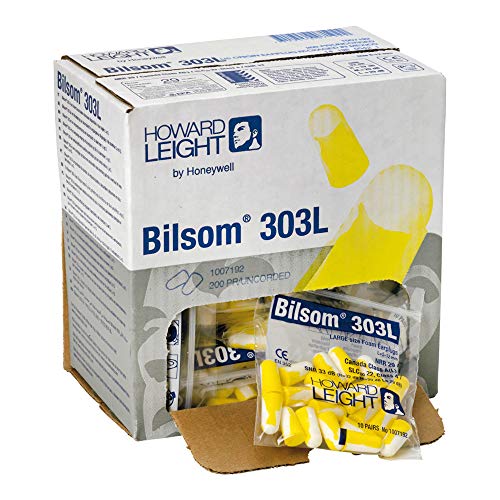 Howard Leight by Honeywell Bilsom 303L Einweg-Ohrstöpsel aus Schaumstoff, SNR 33 dB, Größe L, gelb und weiß, Kugelform, ohne Kabel, 1007192 (Packung mit 200 Paar) von Honeywell