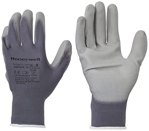 Honeywell 2400250-10 Perfect Polyamid-Strickhandschuhe für feine Handhabung, PU-Beschichtung, Stärke 15, Länge 25 cm, Größe 10 (Packung mit 10 Paaren), Grau von Honeywell