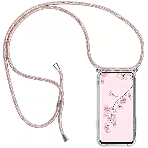 Handykette Handyhülle für Samsung Galaxy A51 mit Band - Handy-Kette Handy Hülle mit Kordel zum Umhängen Handyanhänger Halsband Lanyard Case - Transparent Schutzhülle in Roségold von HongMan