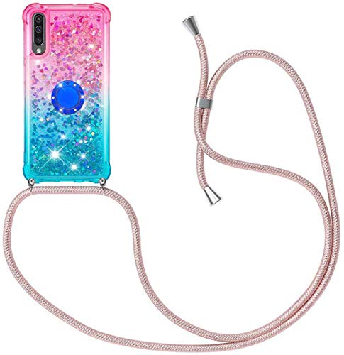 Handykette für Samsung Galaxy A50/A30S/A50S Glitzer Flüssig Bewegende Treibsand Handyhülle+Case mit Umhängeband Handykordel mit Schutzhülle Hülle mit Band Kette Hülle-mit Ständer Holder von HongMan