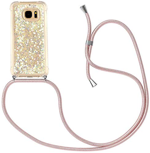 Handykette für Samsung Galaxy S7 Glitzer Flüssig Bewegende Treibsand Handyhülle+Case mit Umhängeband Handykordel mit Schutzhülle Hülle mit Band Kette Hülle(Silber) von HongMan